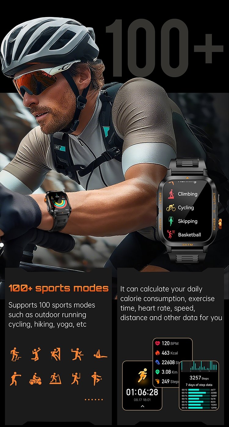 KT89 3ATM Waterproof Flashlight Bluetooth Calls Rugged Smart Watch - Image 6