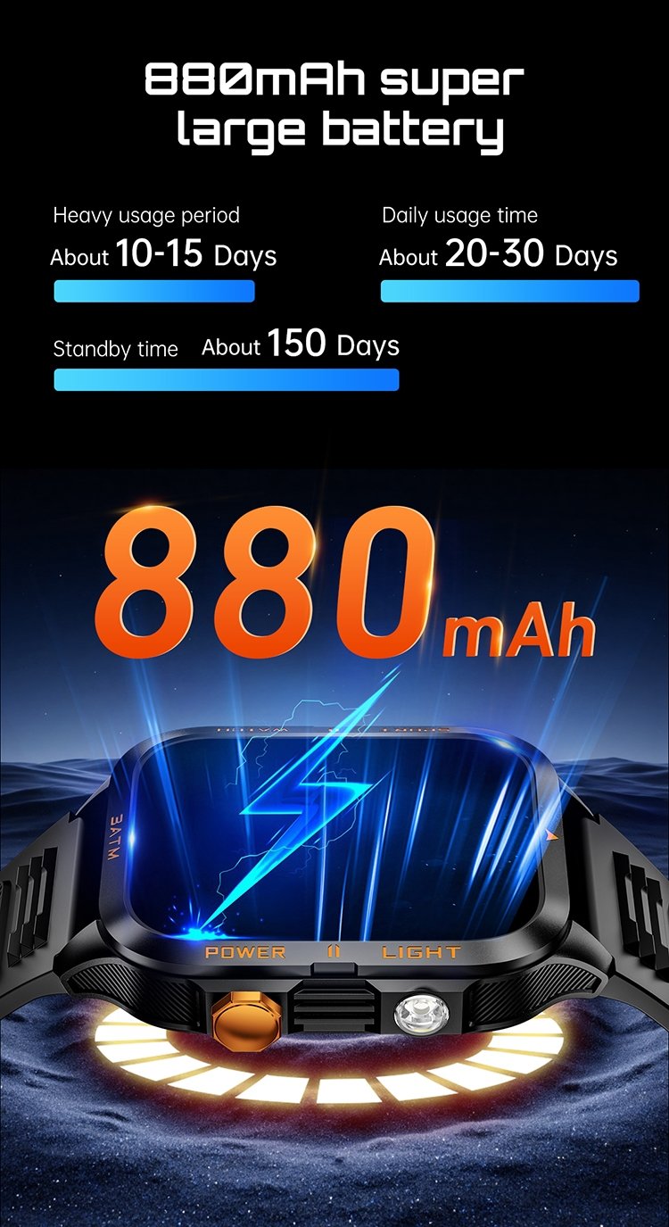 KT89 3ATM Waterproof Flashlight Bluetooth Calls Rugged Smart Watch - Image 4