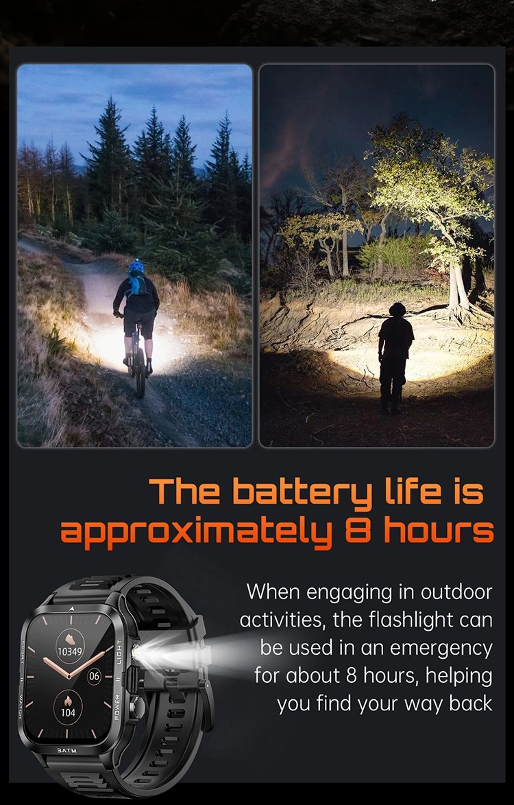KT89 3ATM Waterproof Flashlight Bluetooth Calls Rugged Smart Watch - Image 3