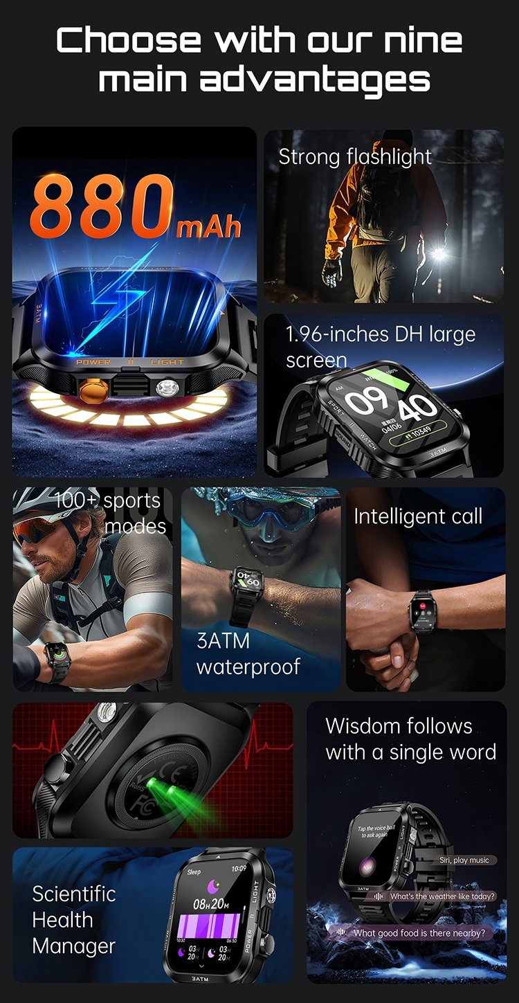 KT89 3ATM Waterproof Flashlight Bluetooth Calls Rugged Smart Watch - Image 2