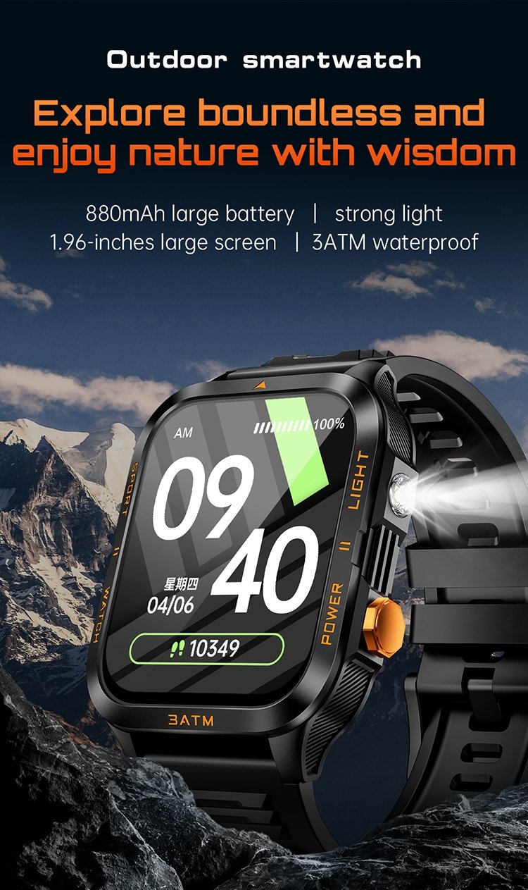 KT89 3ATM Waterproof Flashlight Bluetooth Calls Rugged Smart Watch